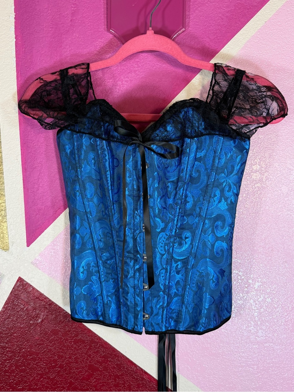 Royal Blue Brocade Black Lace Corset Top Lace Up Back Busk Front Bow
